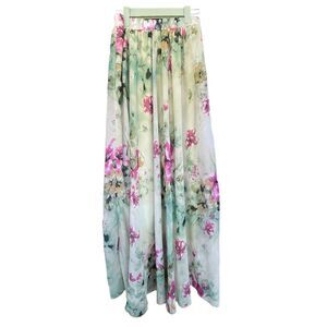 Romantic Maxi Skirt Womens Small Green Floral Sheer Lined Cottage Feminine Fairy